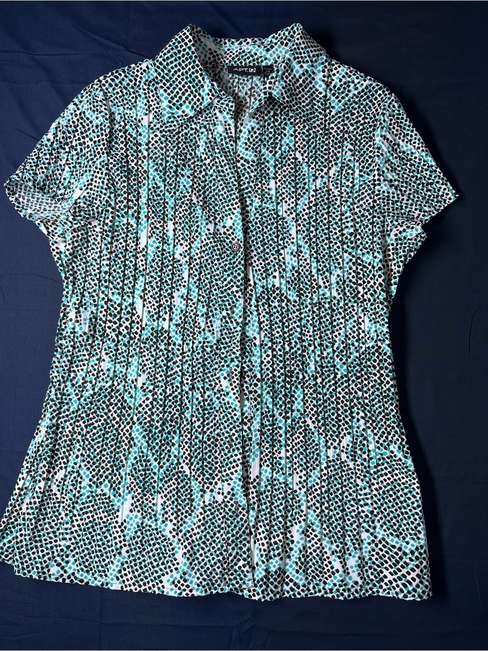Apt. 9 Teal, Black & White Pleated Short-Sleeve Button-Front Blouse